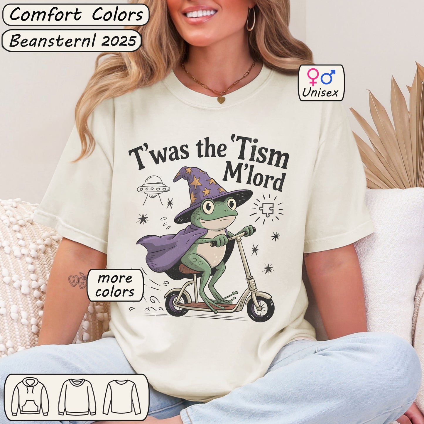 Person wearing a t-shirt with a graphic design and text, sitting on a couch.