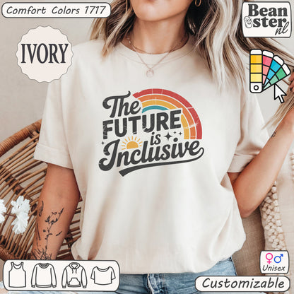 Model wearing The Future Is Inclusive retro rainbow graphic tee