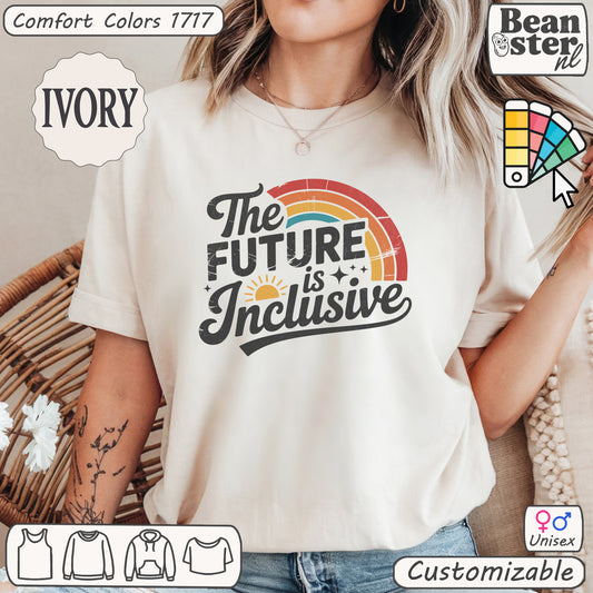 Model wearing The Future Is Inclusive retro rainbow graphic tee