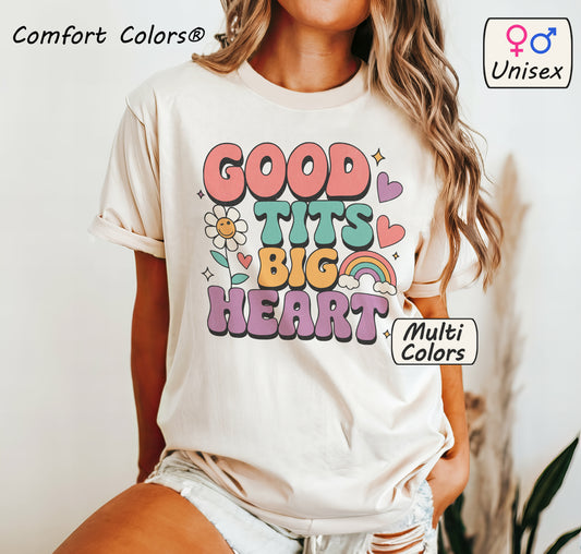 Tits Big Heart Retro Rainbow Tee | Funny Bold Shirt