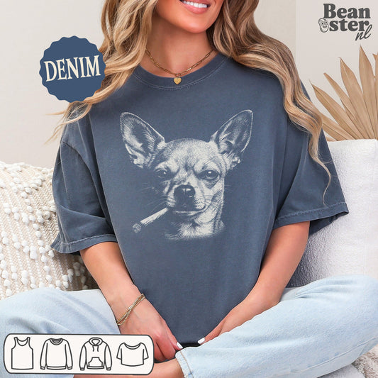 Unisex cotton tee with edgy Chihuahua smoking design for casual urban outfits