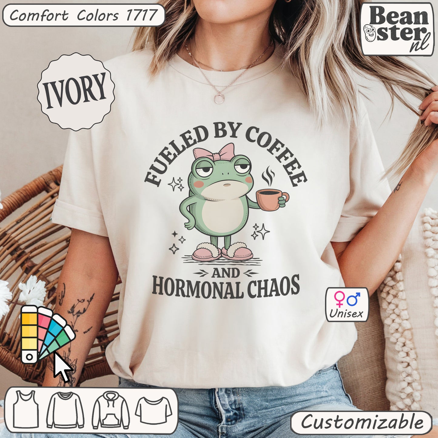 Sassy frog t-shirt with text “Coffee And Hormonal Chaos”