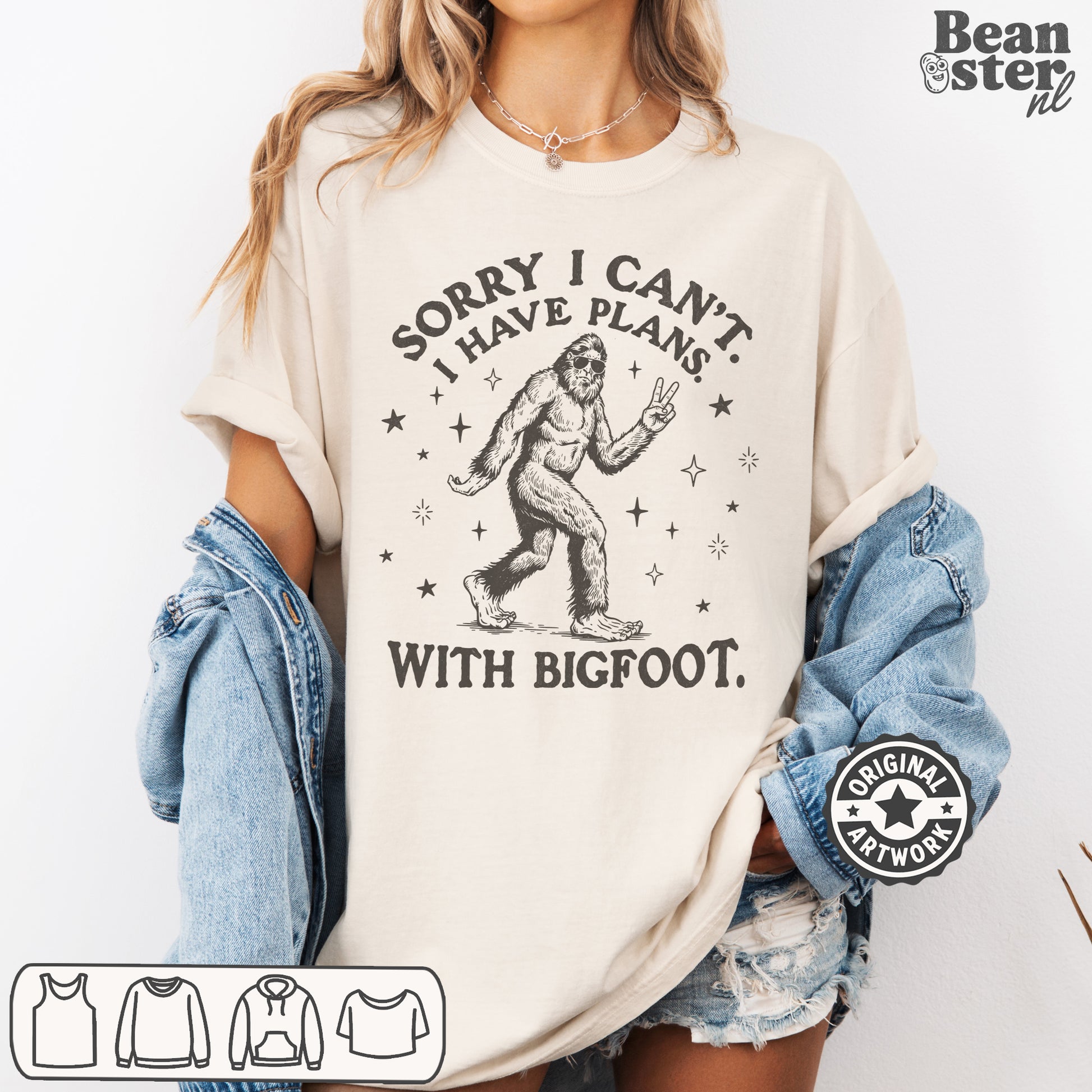 Bigfoot themed t-shirt design for hikers and cryptid fans, vintage style Sasquatch humor
