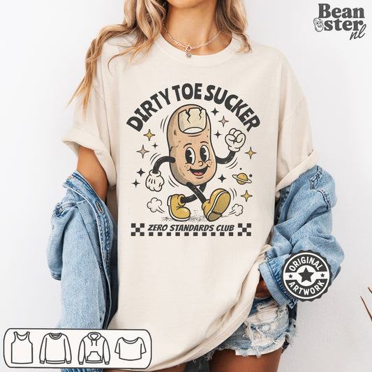 Dirty Toe Sucker graphic unisex t-shirt original design funny edgy humor tee front view