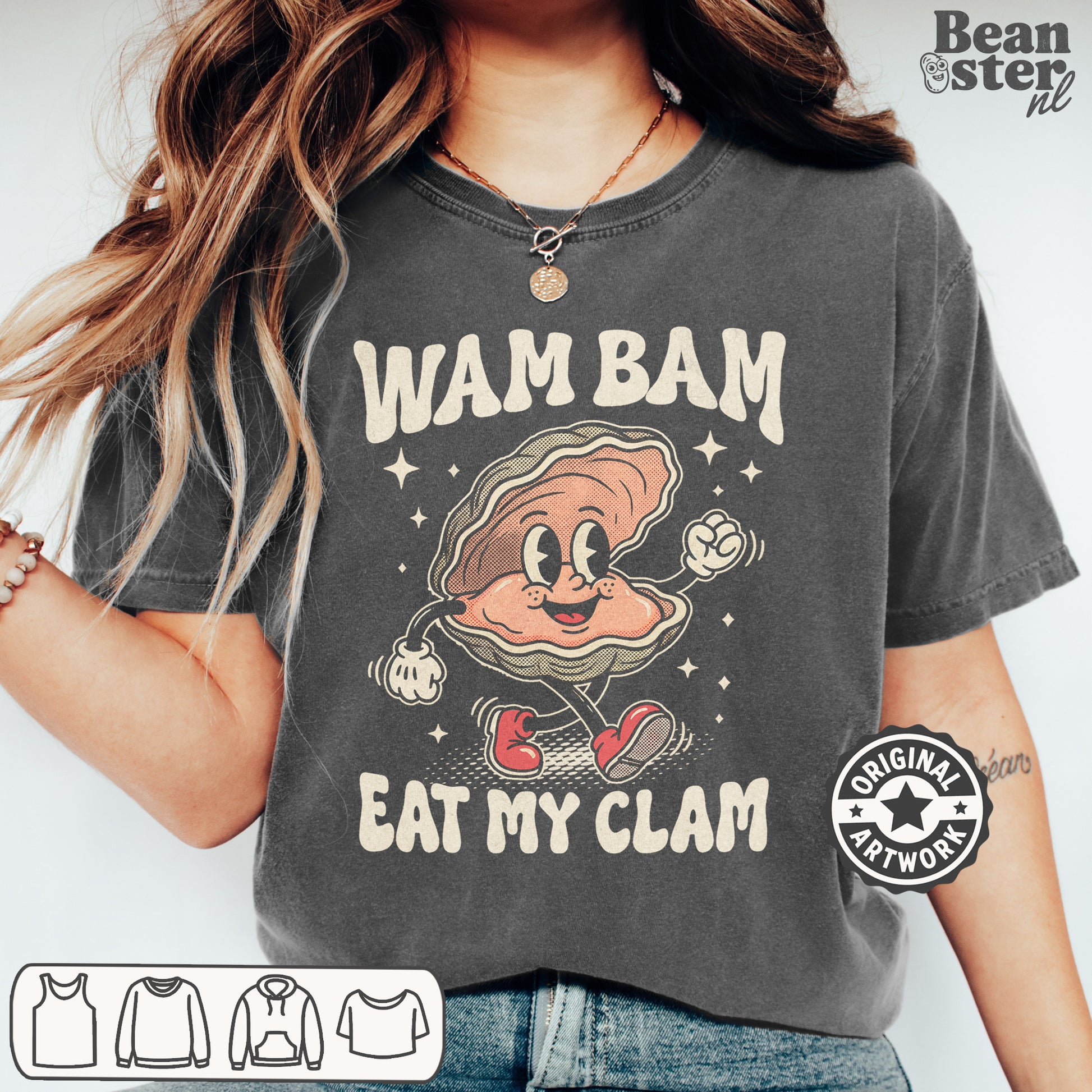 Person wearing a t-shirt with 'WAM BAM EAT MY CLAM' graphic design.