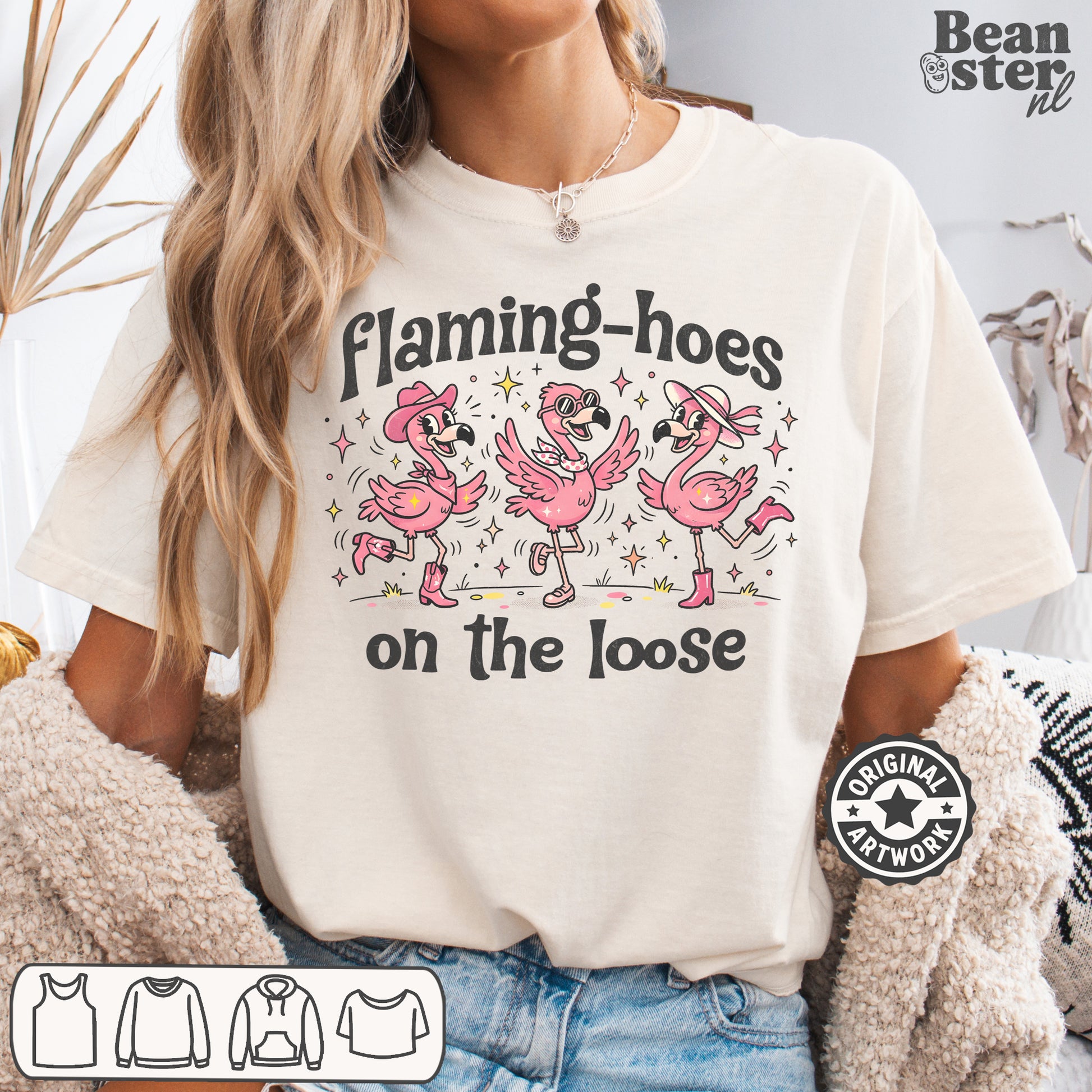 Flaming-hoes funny flamingo graphic t-shirt original design front view