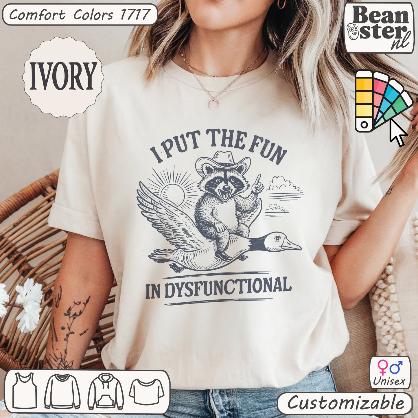 Fun in Dysfunctional shirt with raccoon and goose graphic