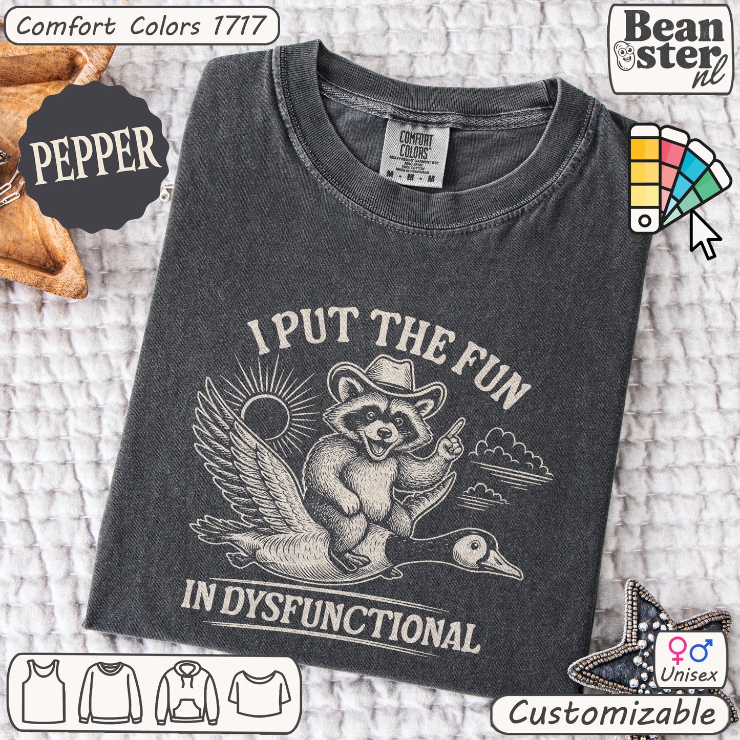 Original funny raccoon-goose design on black T-shirt