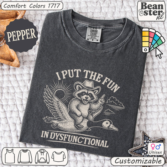 Original funny raccoon-goose design on black T-shirt