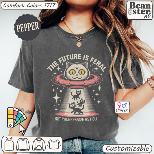 Funny Cat UFO T-Shirt featuring quirky galaxy cat design