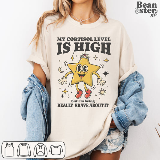 Funny cortisol graphic t-shirt with stress humor design on model