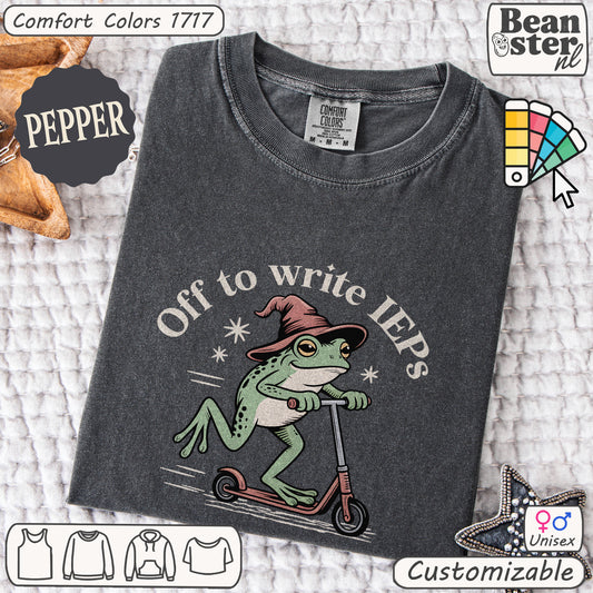 Cute green frog on scooter IEP coordinator t-shirt in vintage style
