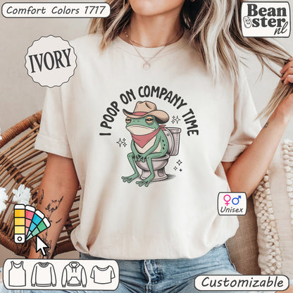 Funny frog meme shirt with text “I Poop On Company Time” – workplace humor tee