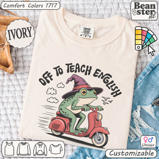 Funny scooter frog t-shirt with “Off to Teach English” text design.