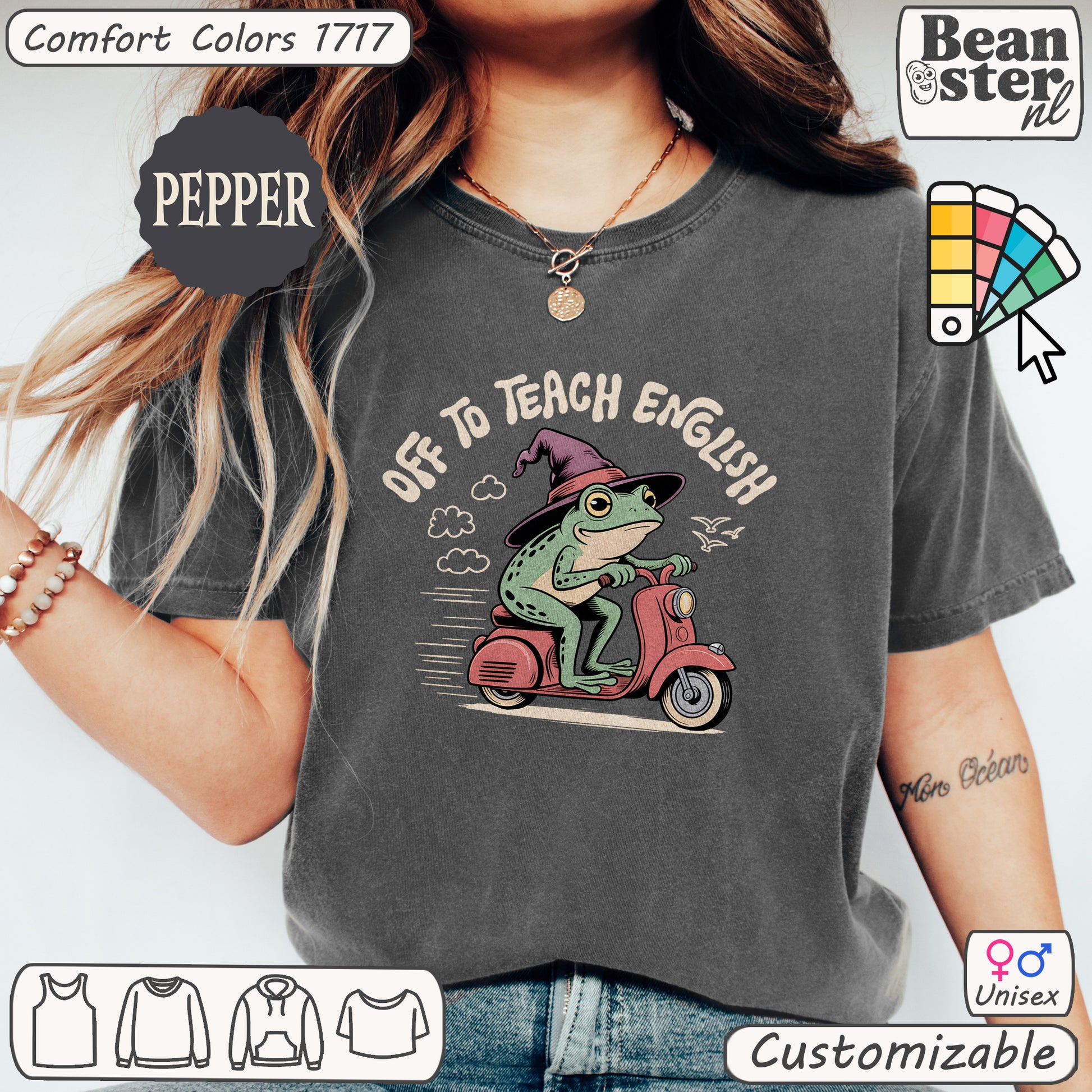 Oversized vintage-style English teacher shirt featuring a scooter frog