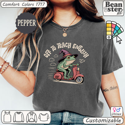 Oversized vintage-style English teacher shirt featuring a scooter frog