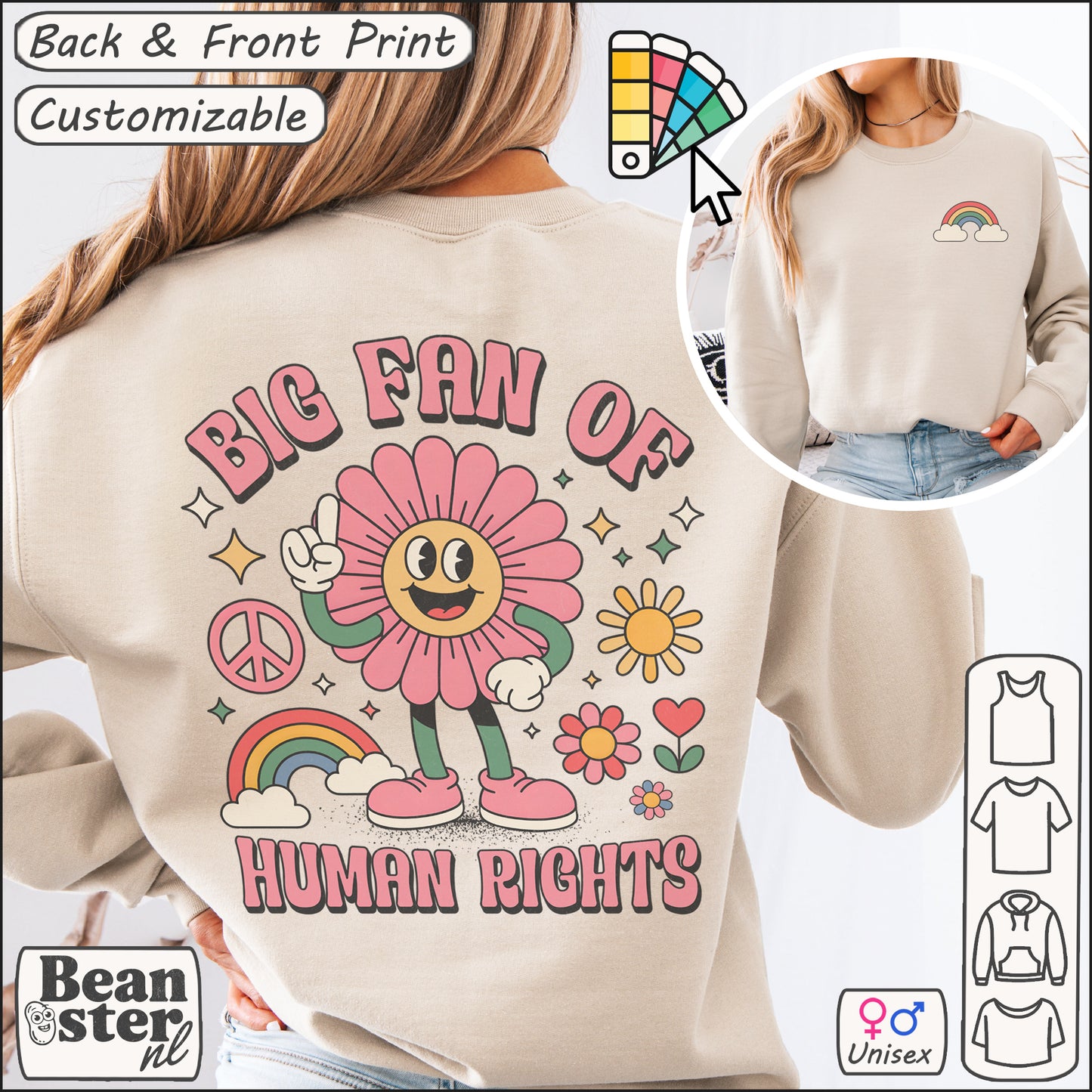 Groovy retro flower sweatshirt with “Big Fan of Human Rights” print, back and front print for woke activism and social justice