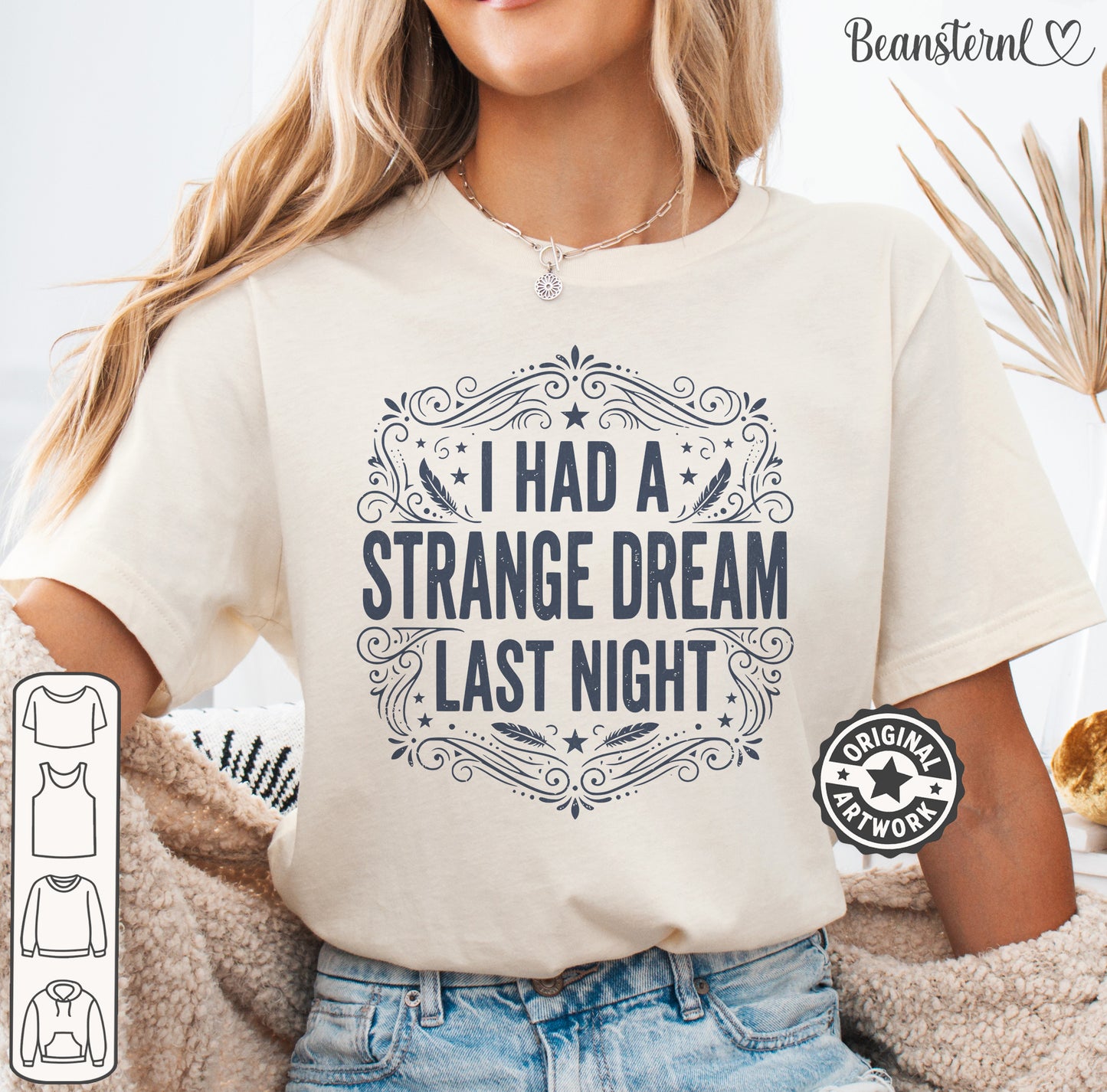 Close-up of dream quote t-shirt, quirky ironic streetwear top for casual outfit styling