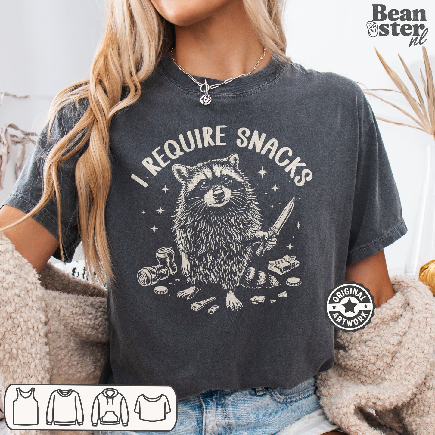 Sarcastic snack lover graphic tee with bold “I Require Snacks” text