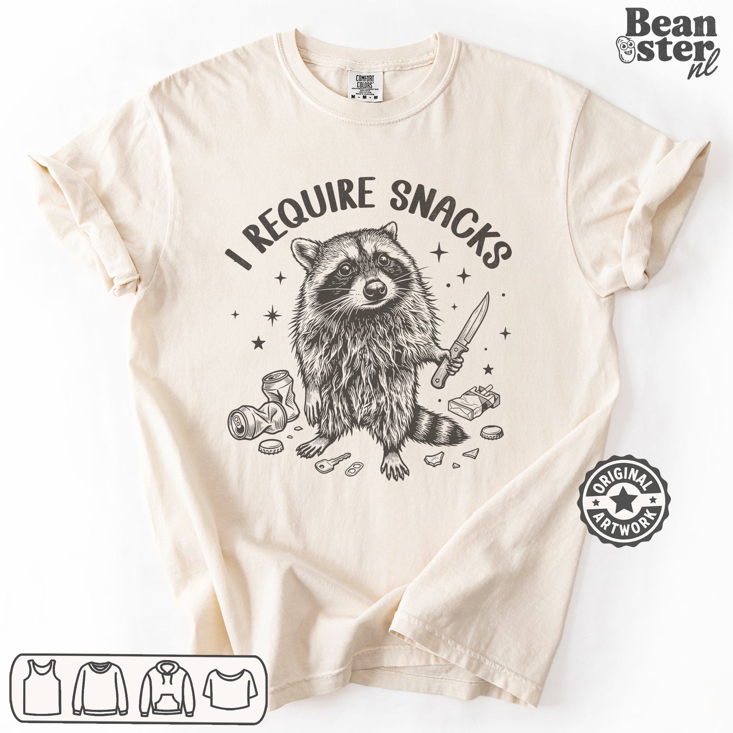 Funny “I Require Snacks” t-shirt design for food lovers and meme fans