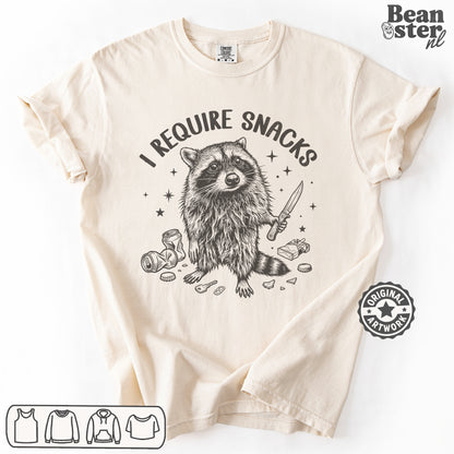 Funny “I Require Snacks” t-shirt design for food lovers and meme fans