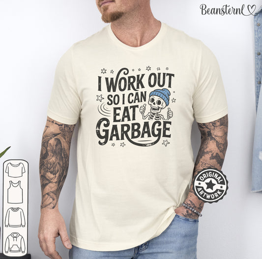 Man wearing I Work Out So I Can Eat Garbage funny gym shirt in fitness studio