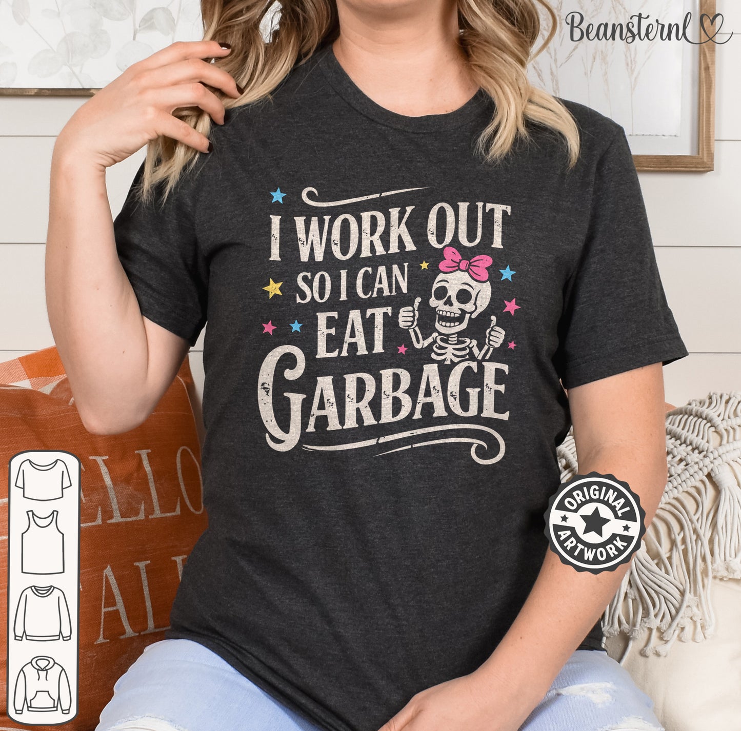 I Work Out So I Can Eat Garbage funny gym shirt with retro skull graphic