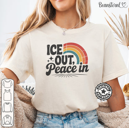 Model wearing Ice Out activist graphic tee at protest march