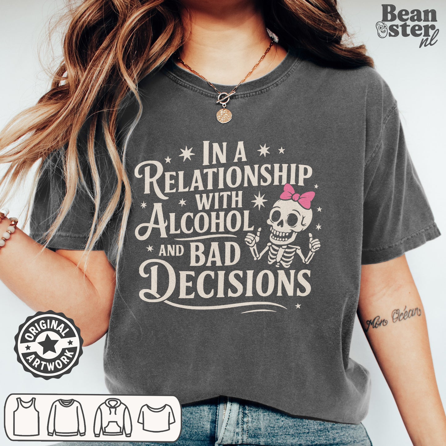 Woman wearing “In a Relationship With Alcohol and Bad Decisions” funny drinking t shirt at party
