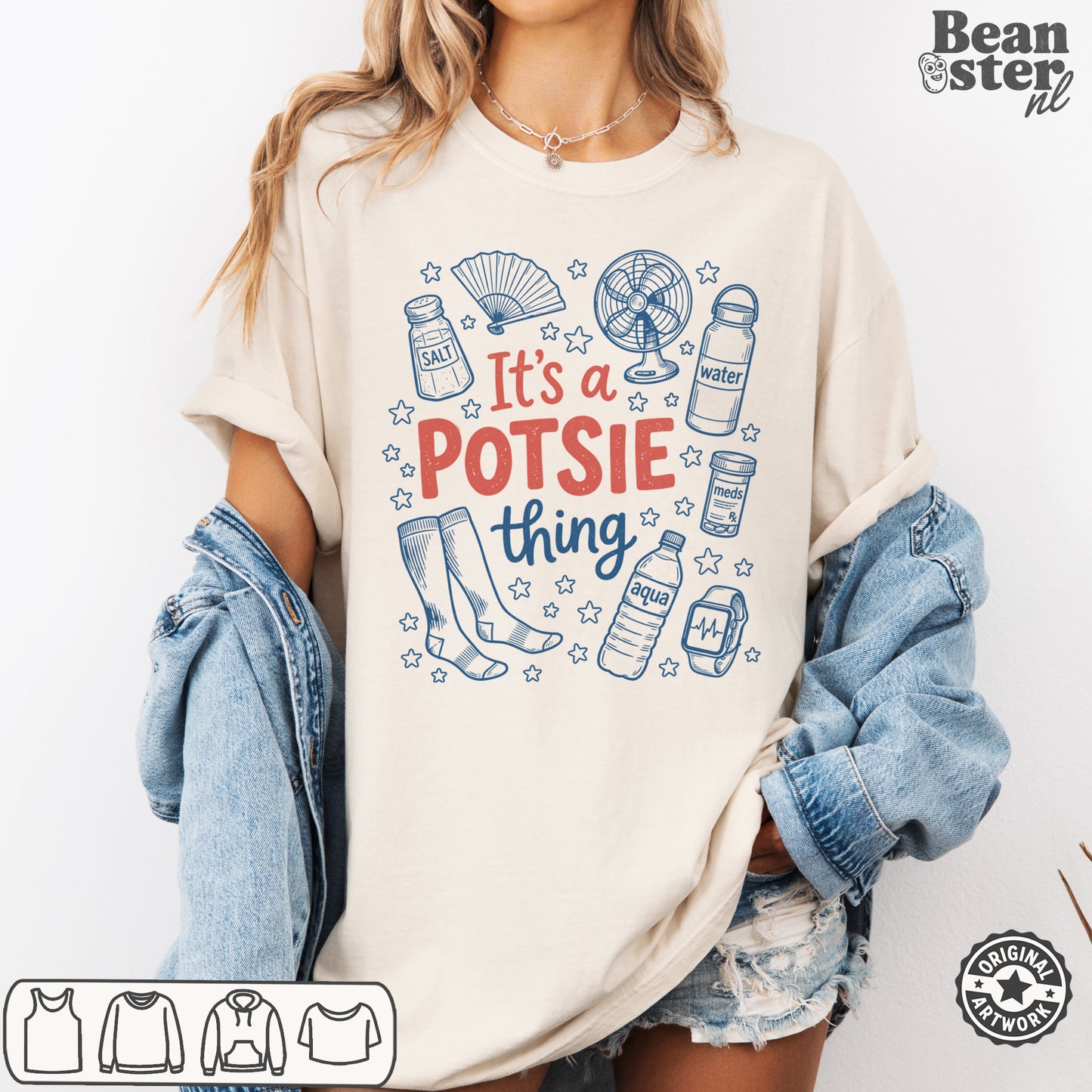 A woman wearing an oversized cream-colored graphic t-shirt with blue and red text reading 'It's a POTSIE thing' surrounded by doodles of bottles, socks, and a fan. She has a light blue denim jacket draped off her shoulders and distressed denim shorts, set against a plain white background.