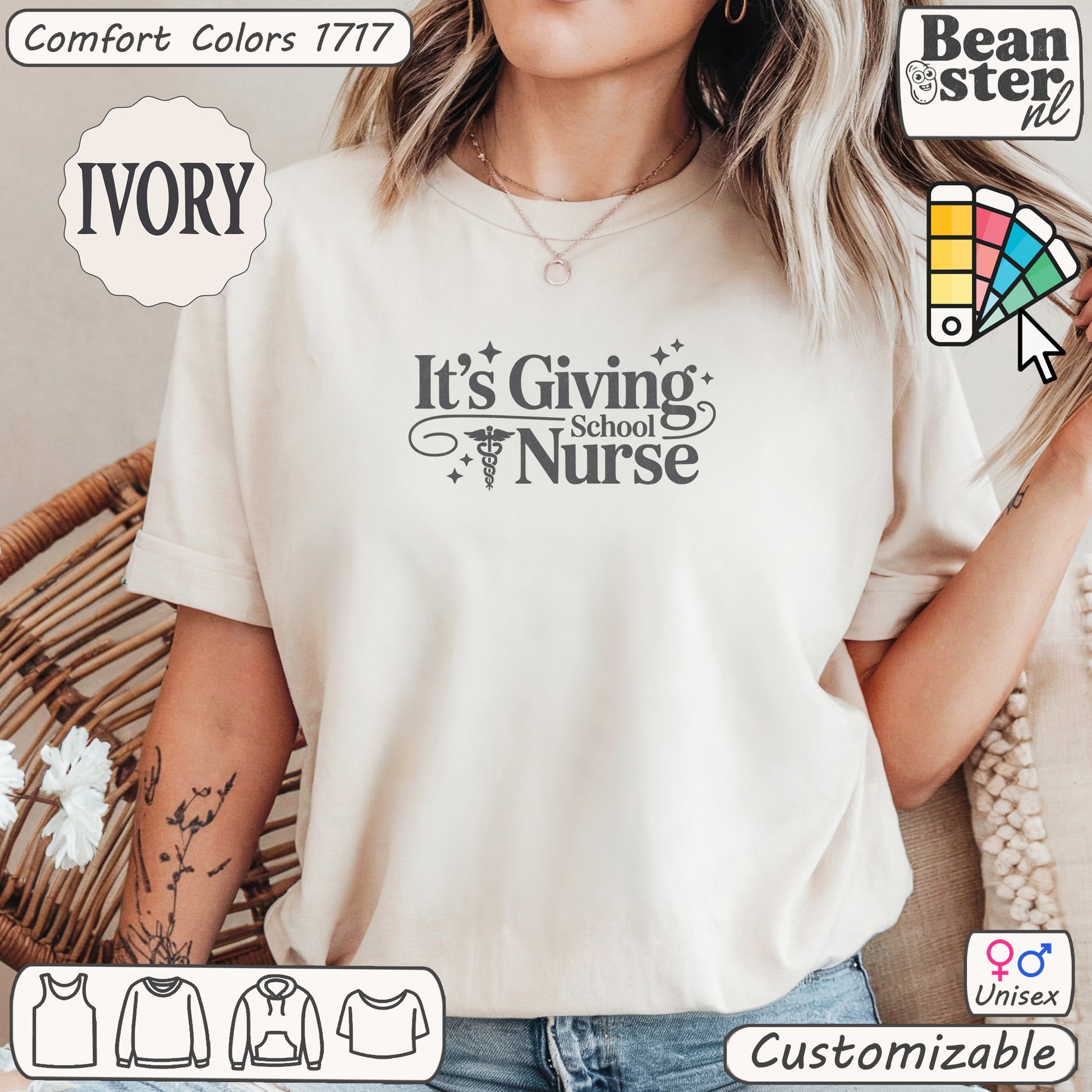 Person wearing a white t-shirt with 'It's Giving School Nurse' text, standing against a neutral background.