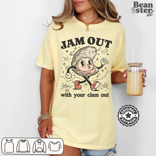 Funny Jam Out With Your Clam Out graphic t-shirt design for summer festivals and girls trips