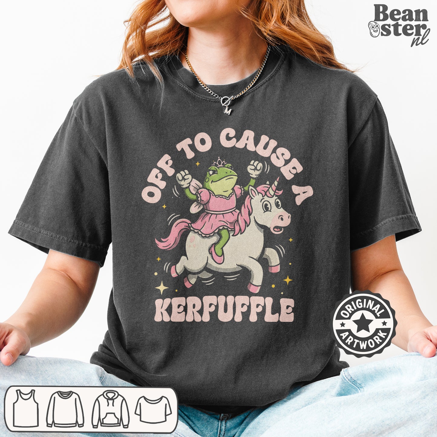 Model wearing Off to Cause a Kerfuffle meme style streetwear tee in casual outfit