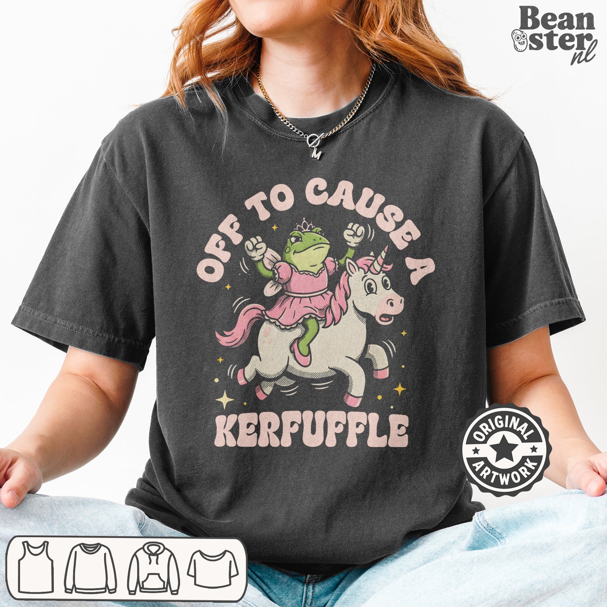 Model wearing Off to Cause a Kerfuffle meme style streetwear tee in casual outfit