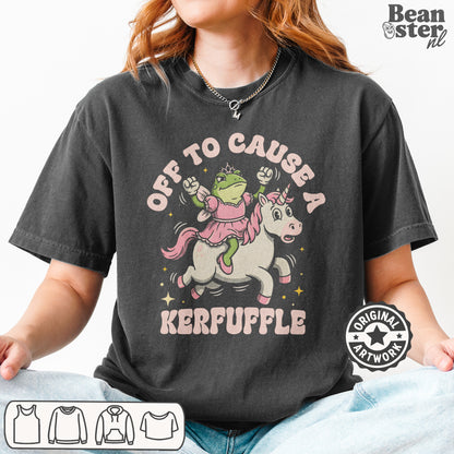 Model wearing Off to Cause a Kerfuffle meme style streetwear tee in casual outfit