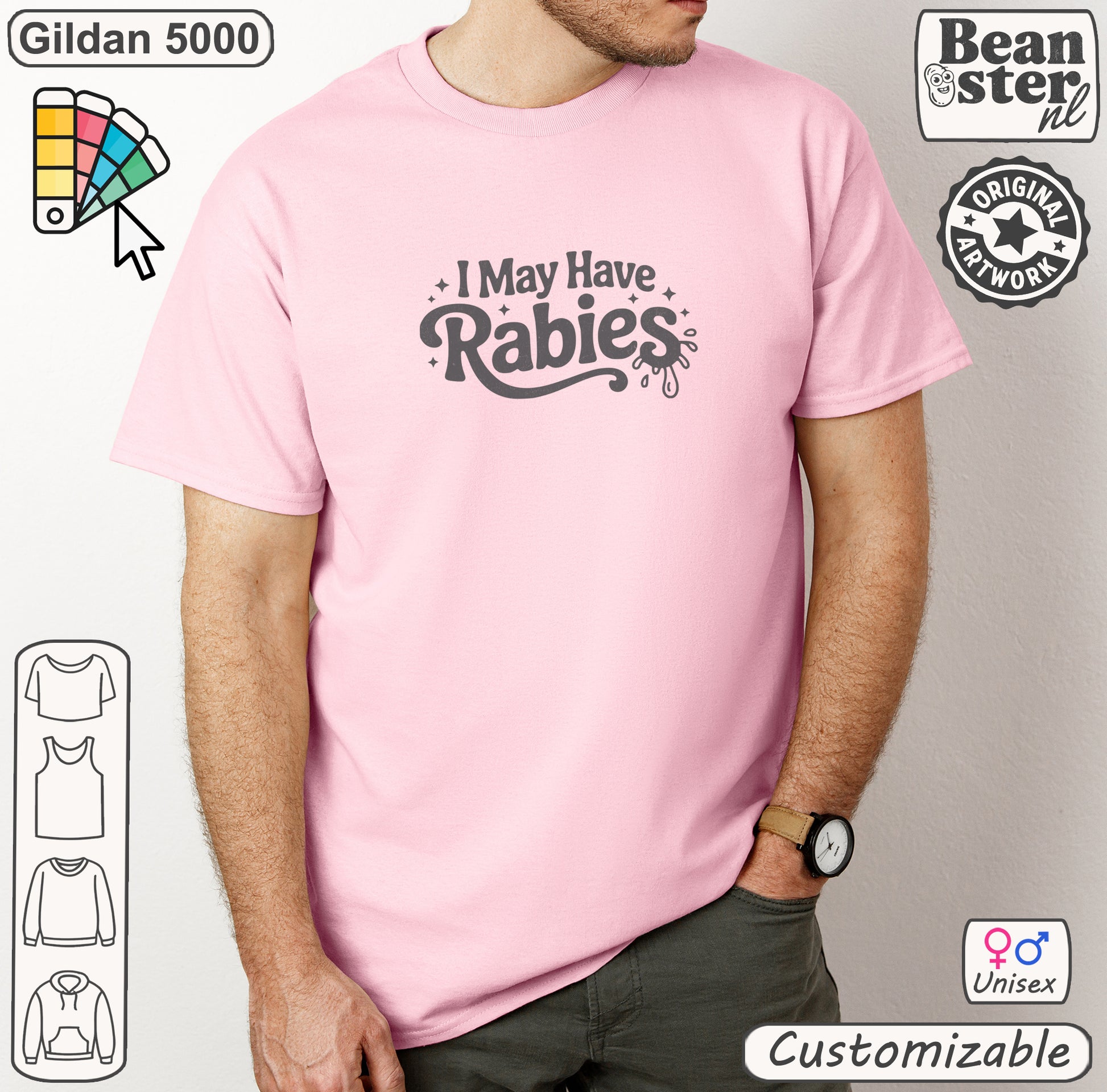 Humor t-shirt featuring bold May Have Rabies wording for adults