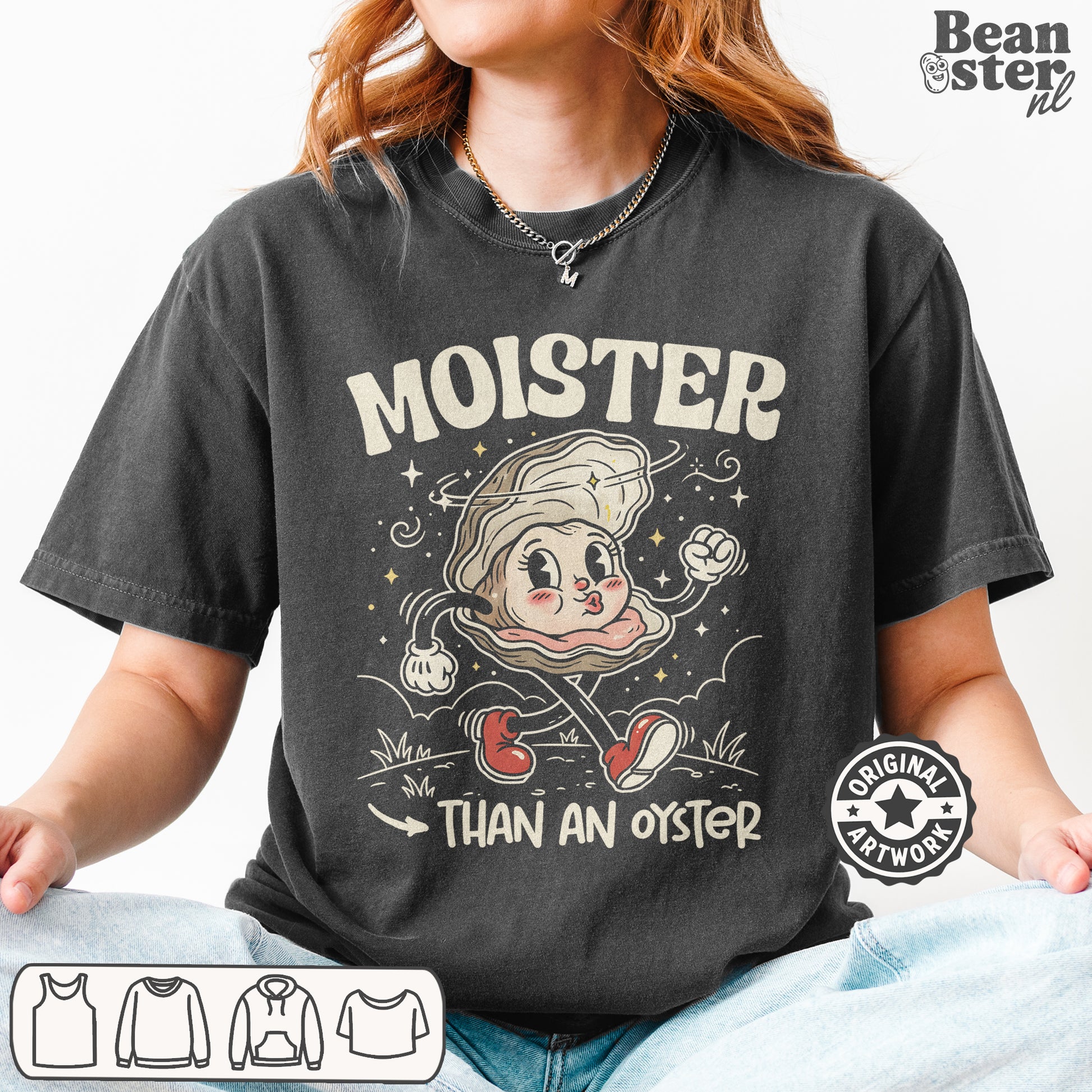 retro graphic tee saying Moister Than An Oyster, playful adult humor streetwear style