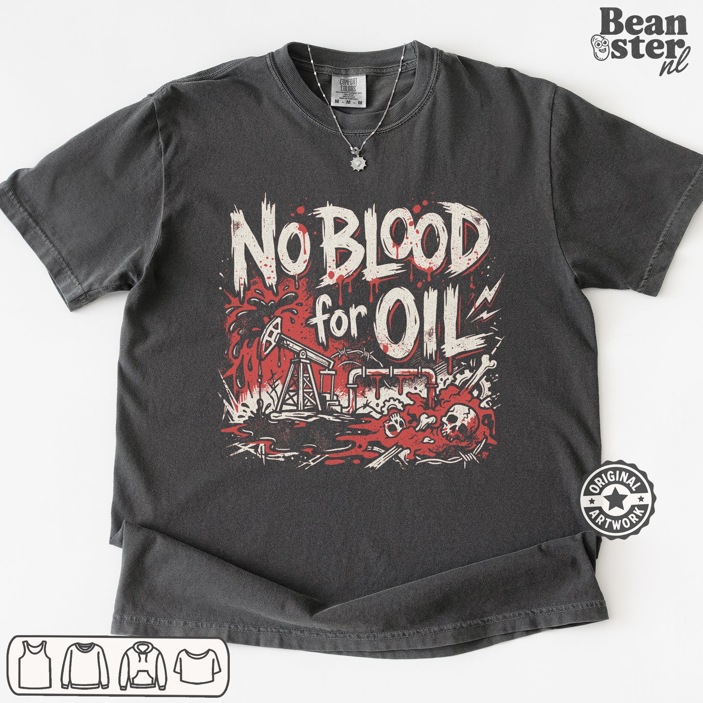 A dark gray graphic t-shirt laid flat on a white background, featuring a distressed red and white print that reads 'No Blood for Oil' with oil pumpjacks, skulls, and splatters. A 'Beanster nl' watermark is visible in the top right corner.