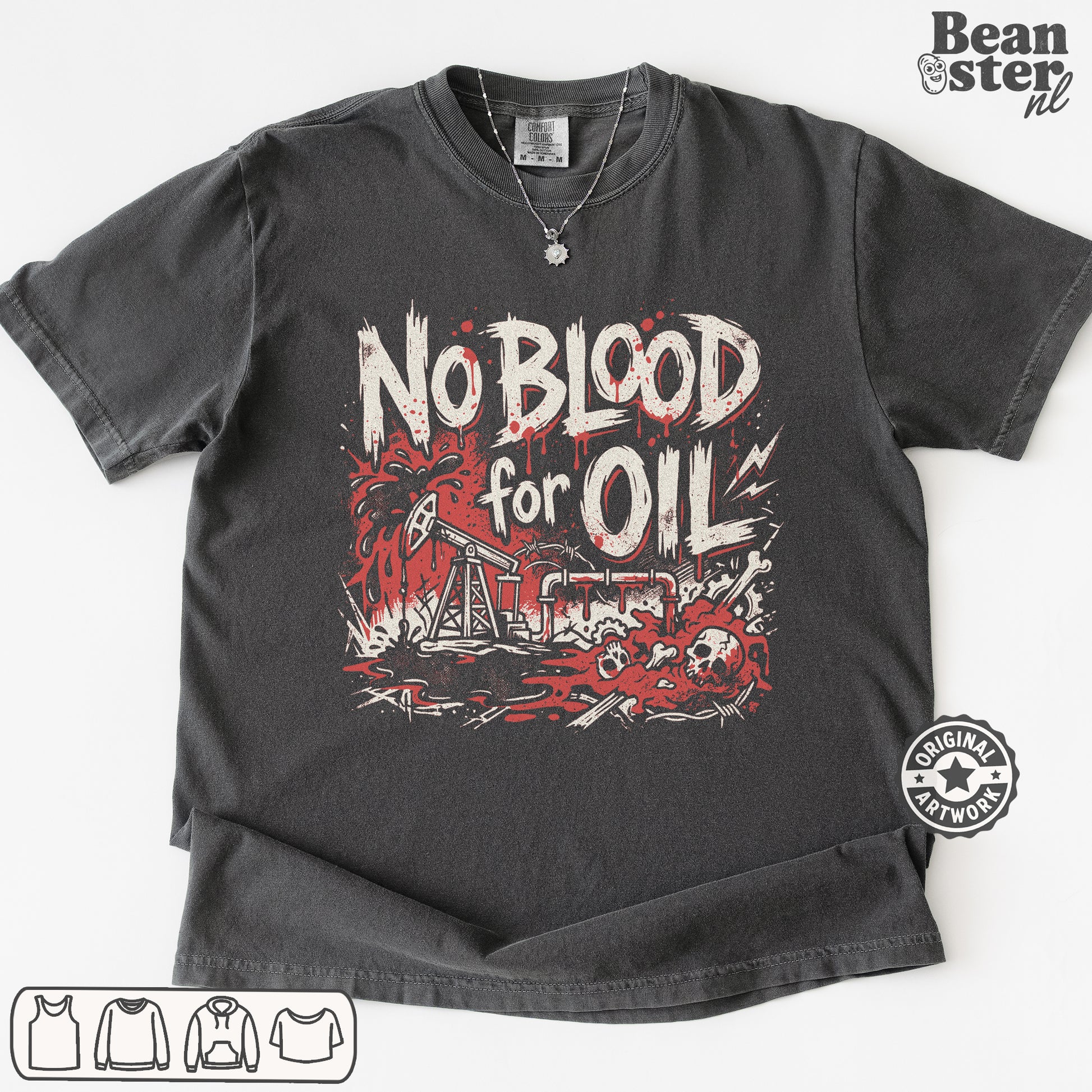 A dark gray graphic t-shirt laid flat on a white background, featuring a distressed red and white print that reads 'No Blood for Oil' with oil pumpjacks, skulls, and splatters. A 'Beanster nl' watermark is visible in the top right corner.