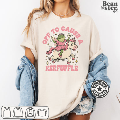 Front view of Off to Cause a Kerfuffle graphic unisex t-shirt original design