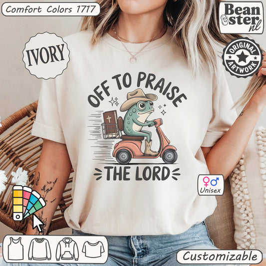 Silly frog on scooter Off To Praise The Lord Christian Tshirt