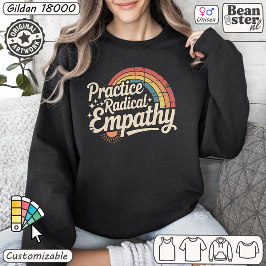 Practice Radical Empathy sweater in retro rainbow colors, vintage distressed, pro-human rights pullover