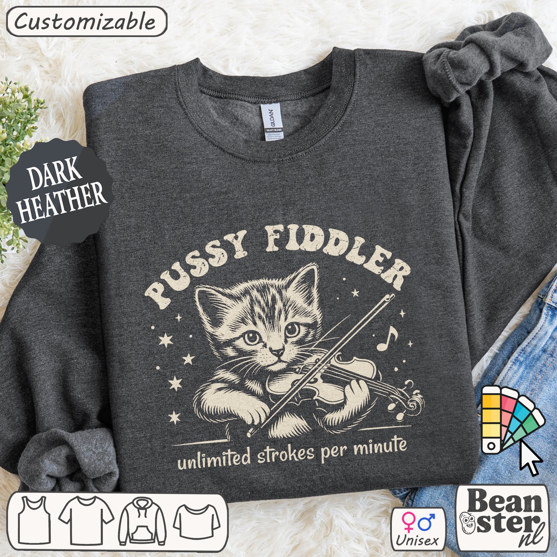 Dark Heather t-shirt with a kitten playing violin graphic and 'Pussy Fiddler' text.