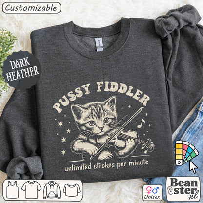 Dark Heather t-shirt with a kitten playing violin graphic and 'Pussy Fiddler' text.