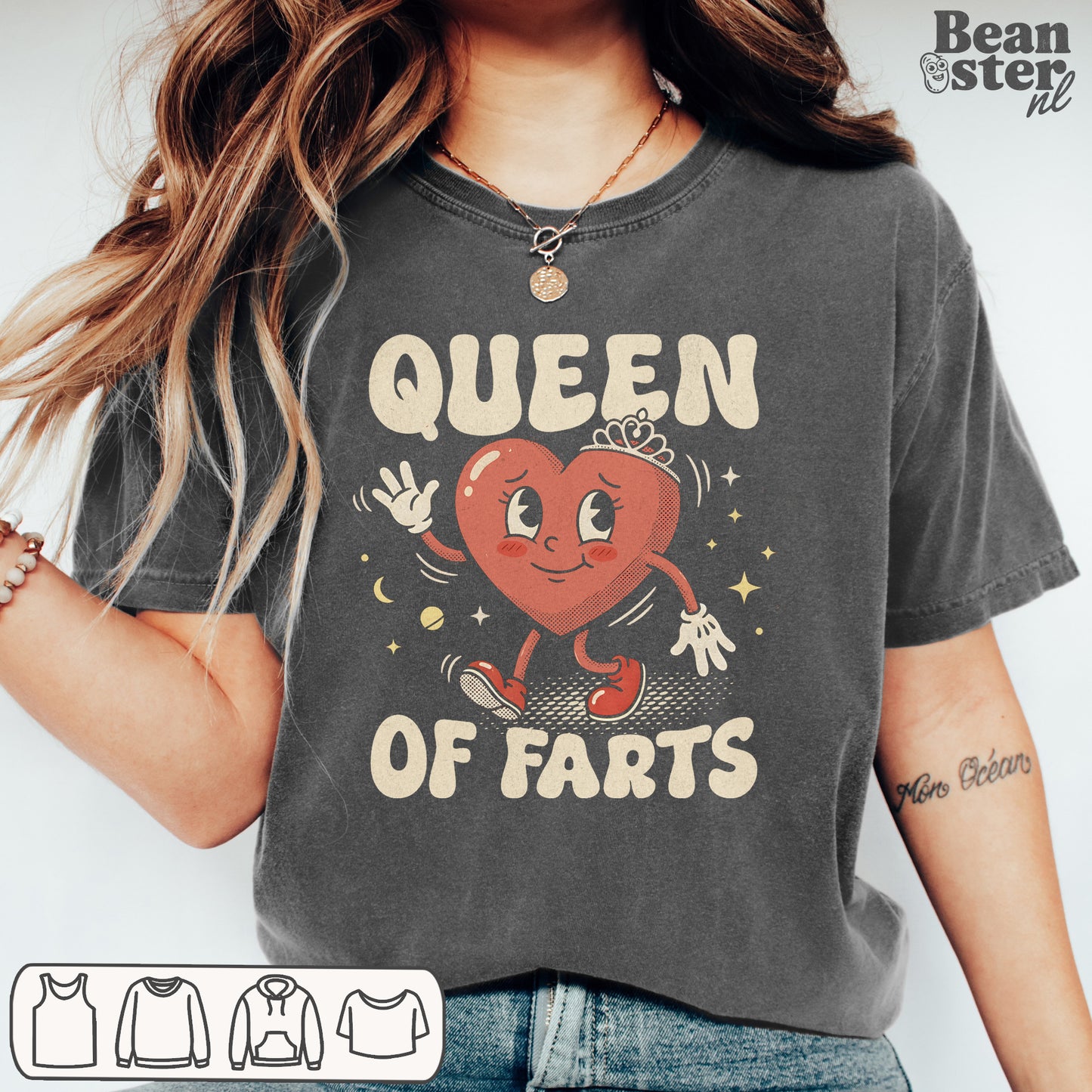 Person wearing a t-shirt with 'Queen of Farts' design and Beanster logo.