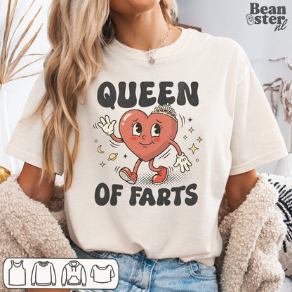 Queen Of Farts funny t-shirt front design original Gen Z humor graphic tee with Y2K style