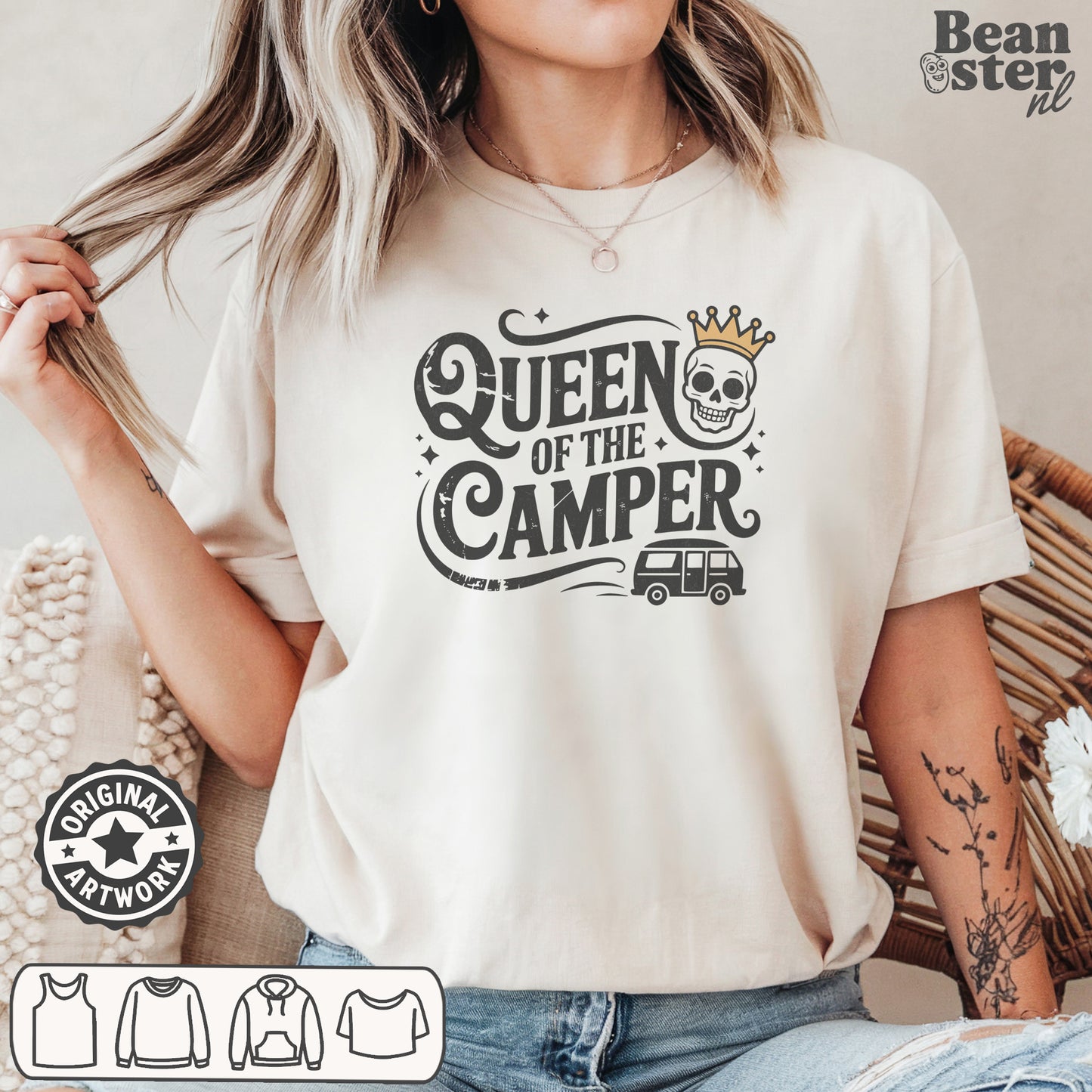Queen of the Camper funny camping shirt design close-up