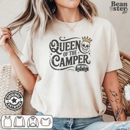 Queen of the Camper funny camping shirt design close-up