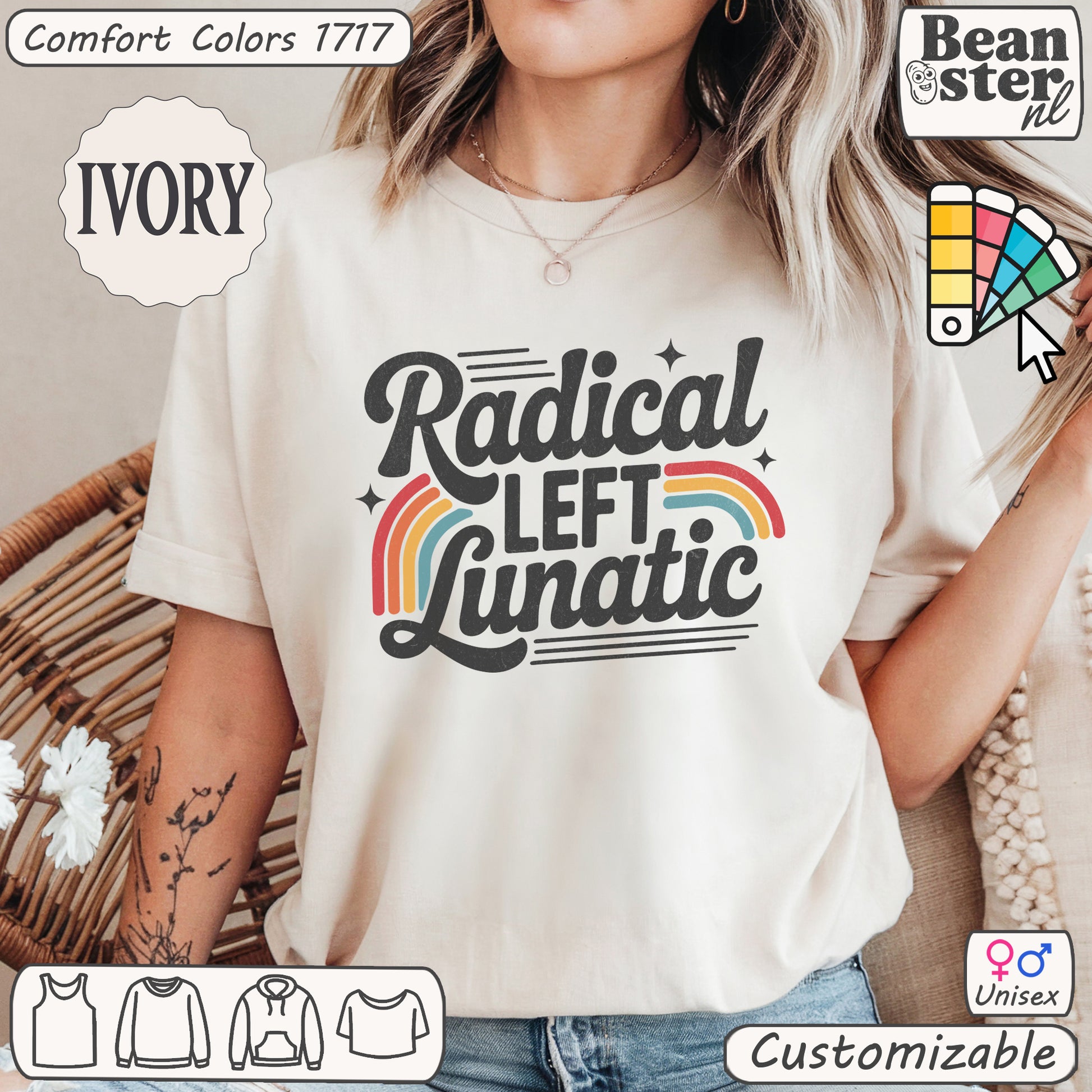 Vintage graphic tee with Radical Left Lunatic text and rainbow print