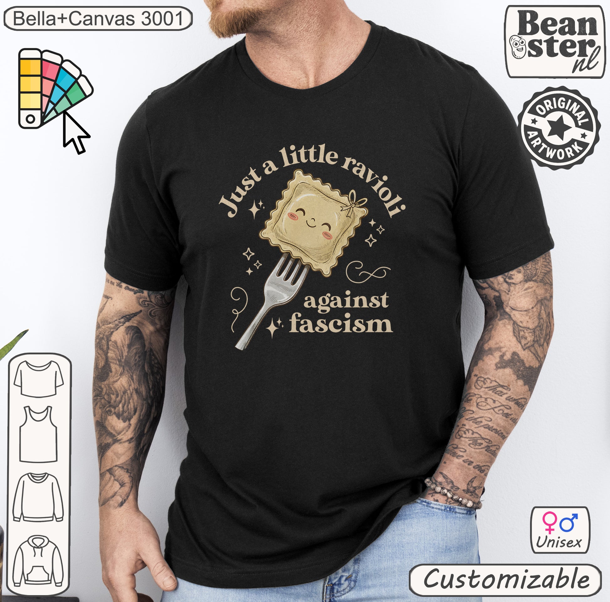 Funny anti-fascist t-shirt with ravioli graphic for protests